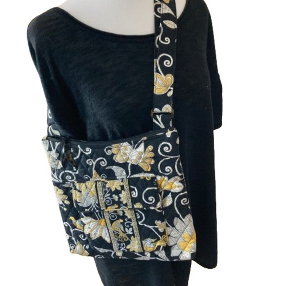 GIFT? Vera Bradley Quilted Crossbody Yellow Birds/Flowers on Black, Lined, OS - Picture 1 of 7